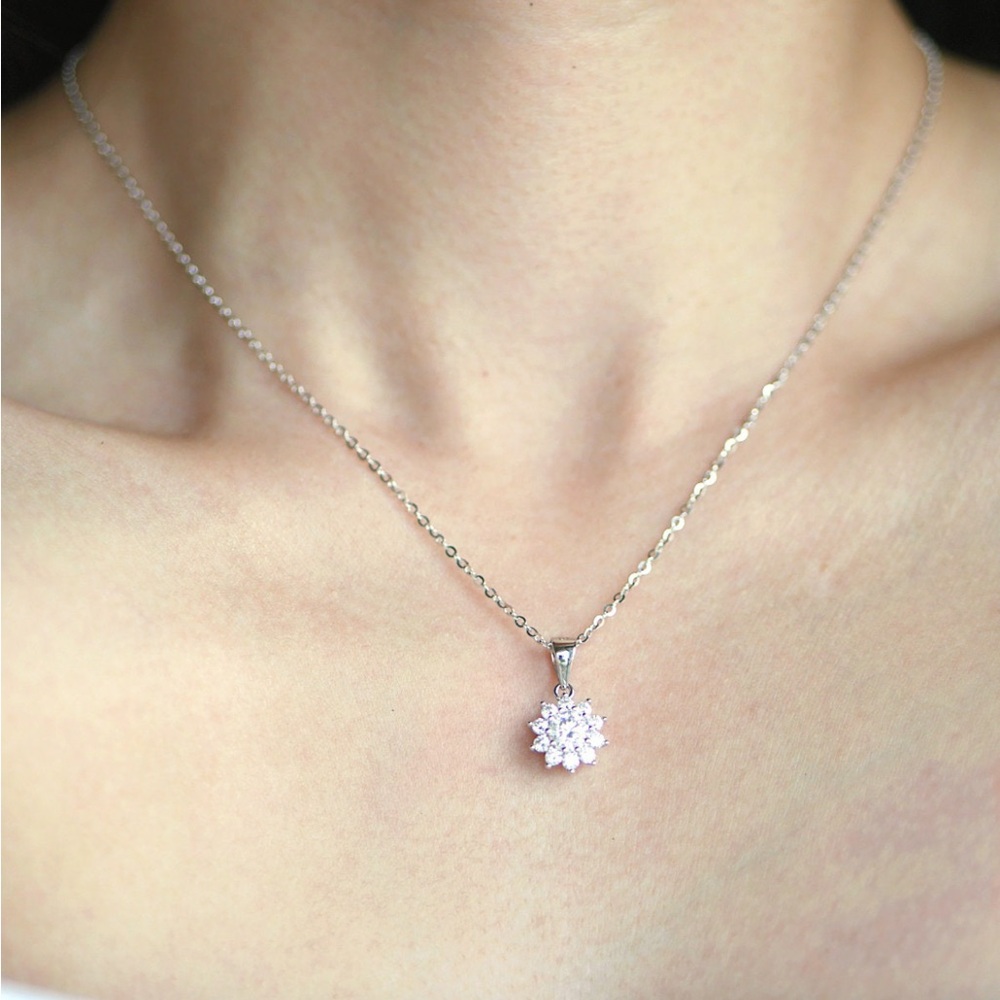 Flower Moissanite Round Brilliant Solitaire Pendant Necklace Sterling Silver